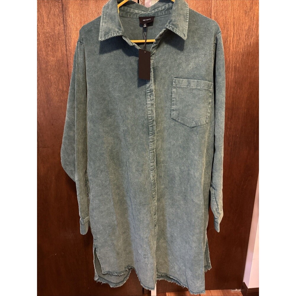 NEW Corduroy Long Shacket/Shirt W/Pocket Raw Edge Bottom sz1X Heyson Green